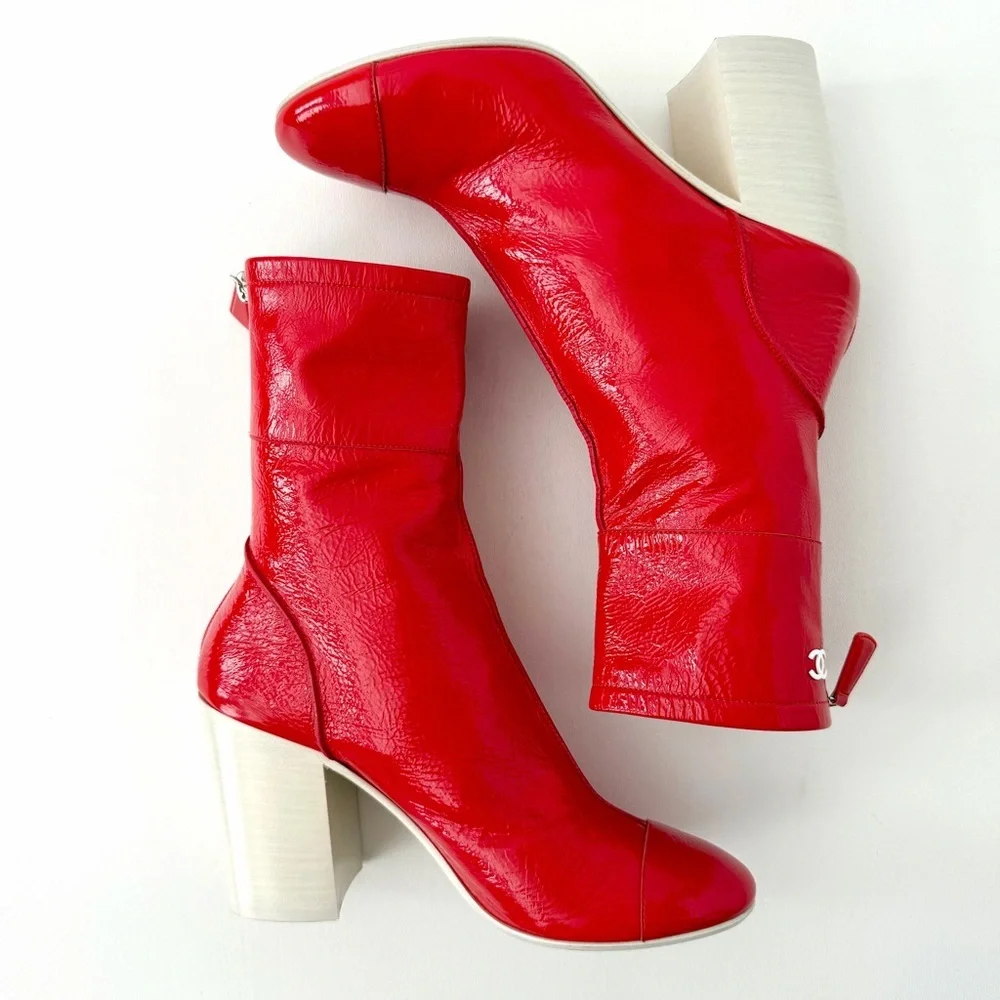 CHANEL | Red Patent Leather CC Logo Block Heel Ankle Boots EU 37.5